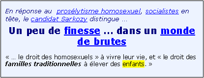 Zone de Texte: En r�ponse au  pros�lytisme homosexuel, socialistes en t�te, le candidat Sarkozy distingue �
Un peu de finesse � dans un monde de brutes
� � le droit des homosexuels � � vivre leur vie, et � le droit des familles traditionnelles � �lever des enfants. �

