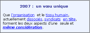 Zone de Texte: 2007 :  un v�u unique 
Que l�organisation  et le tissu humain, actuellement dissoci�s, syndicats  en t�te, forment les deux aspects d�une  seule et m�me consid�ration.
