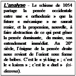 Text Box: Lanalyse - Le schisme de 1054 partage la pense occidentale entre une  orthodoxie  que la future  mcanique  ne saurait renier, et la propension, nouvelle,  faire abstraction de ce qui peut gner la pense dominante,  du moins, son entendement immdiat. Au 20 sicle, lnigme de la pense droite nous revient de lorient sous forme de bribes. Cest le  yi-king  ; cest le  kaizen  ; cest le  duel   (ci-dessous). 