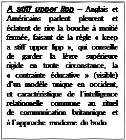 Text Box: A stiff upper lipp  Anglais et Amricains parlent pleurent et clatent de rire la bouche  moiti ferme, faisant de la rgle  keep a stiff upper lipp , qui conseille de garder la lvre suprieure rigide en toute circonstance, la  contrainte ducative  (visible) dun modle unique en occident, et caractristique de lintelligence relationnelle commune au rituel de communication britannique et  lapproche moderne du budo.